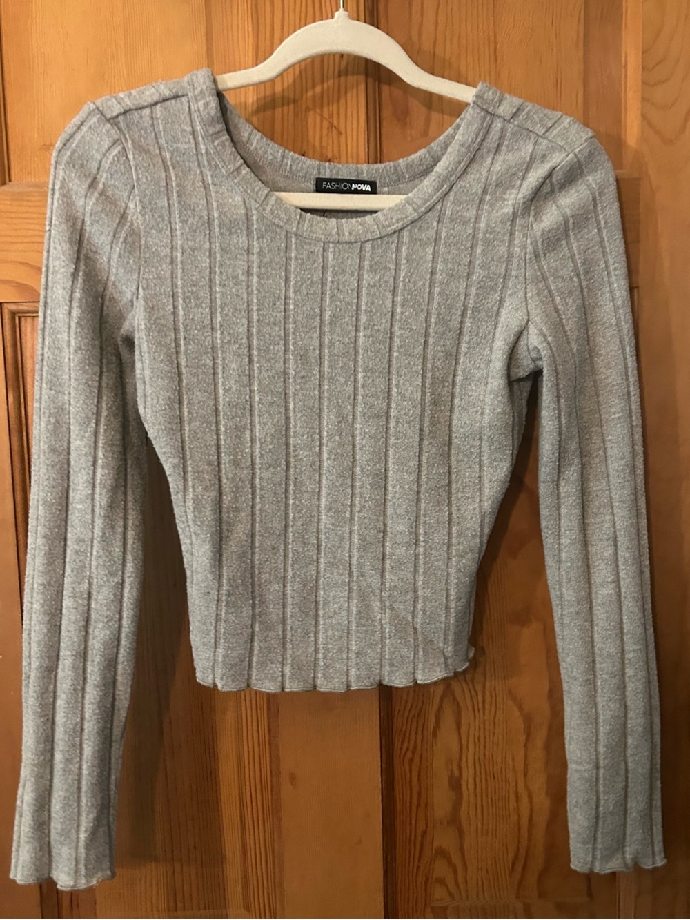 Fashion Nova Light Gray Ribbed Long Sleeve Knit Top